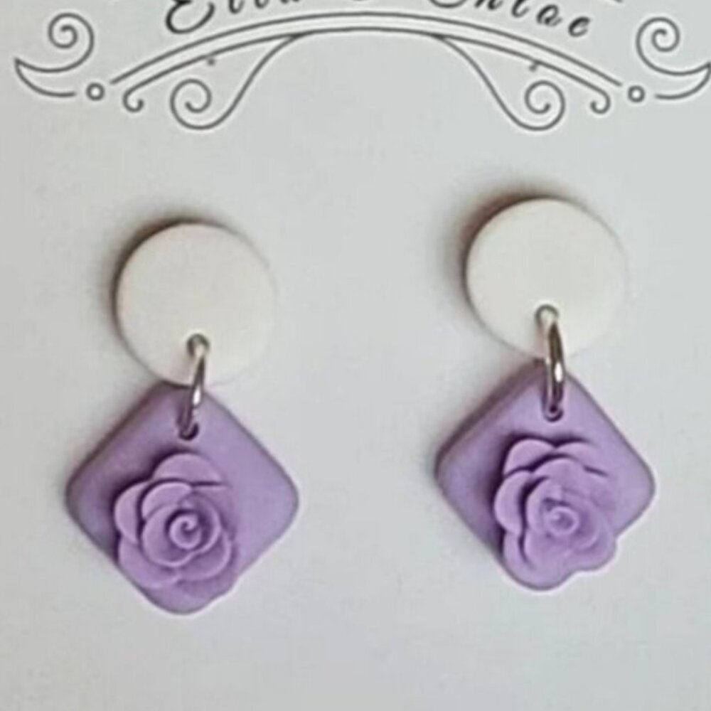 Summer Spring White Purple Colourblock Clay Floral Drop Flower Dangle Earrings